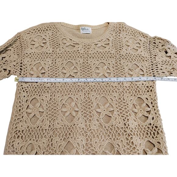 All Points by Reference Point Crochet Knit Front Sweater Round Neck Tan Womens M - Picture 8 of 9